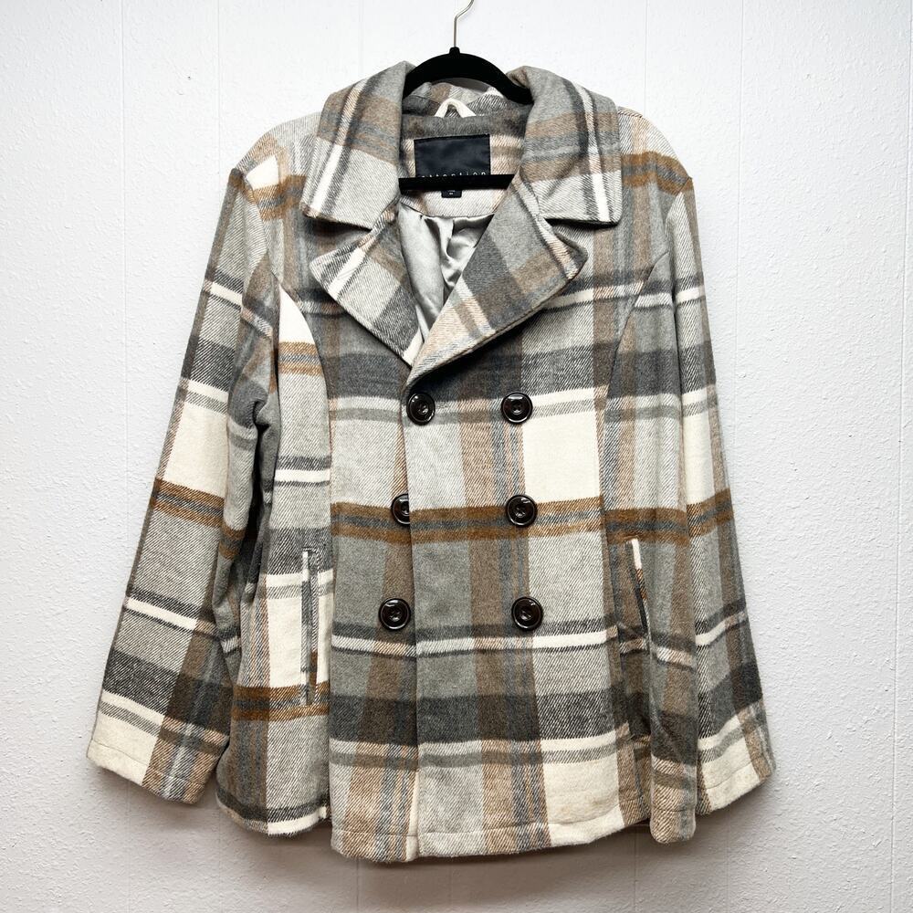 Attention Plaid Fleece Double Breasted Pea Coat Womens 2X Outdoors Wool Blend